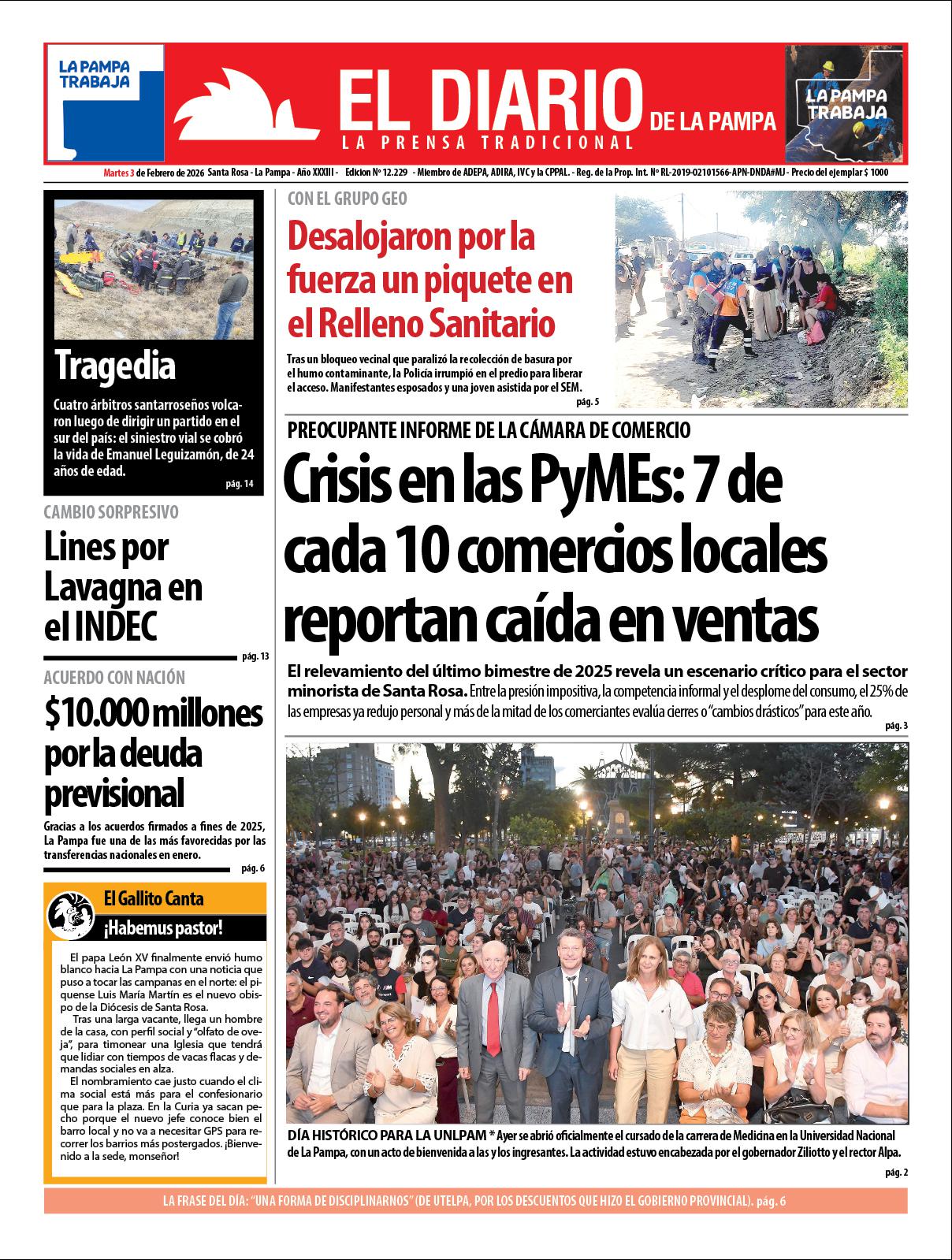 Tapa de El Diario en papel  martes 03 de febrero de 2026